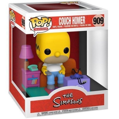 Figura de vinil do Homer Simpson sentado no sofá na caixa oficial POP! The Simpsons