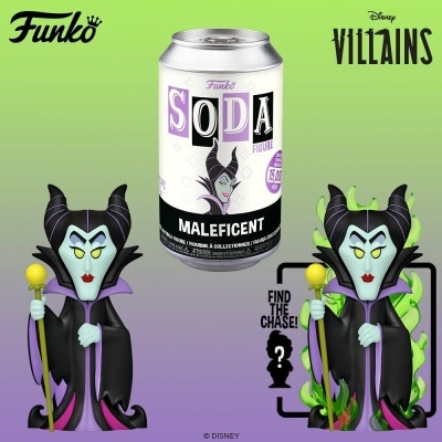 Dois bonecos colecionáveis Funko Soda de Maleficent e uma lata com o logotipo Funko SODA MALIFICENT