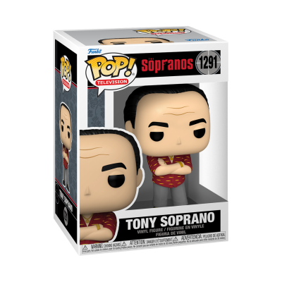 Boneco Funko Pop Tony Soprano com camisa vermelha e calças cinzentas em caixa transparente