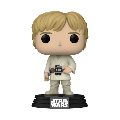 Figura Funko Pop de Luke Skywalker com túnica branca e base preta com texto Star Wars