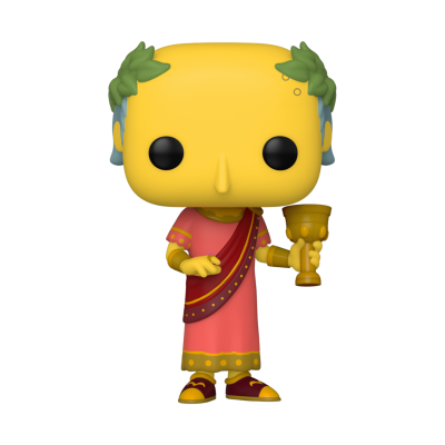 Figura Funko Pop de personagem romano de túnica rosa e faixa vermelha segurando cálice