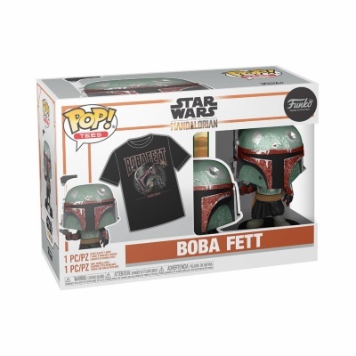 Embalagem Funko Pop! Star Wars Mandalorian com figura de Boba Fett e t-shirt preta temática.