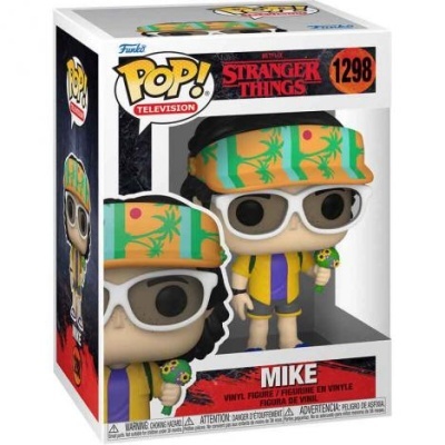 Figura Funko Pop Mike Stranger Things de vinil com roupa amarela e chapéu verde na caixa
