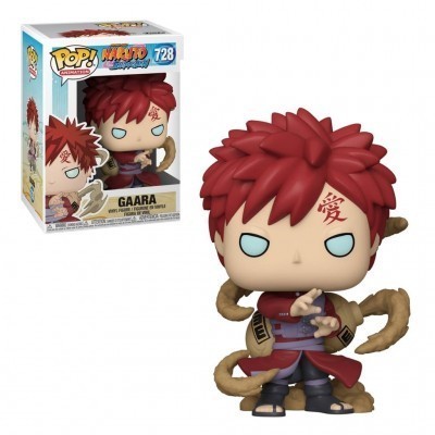 Figura Funko Pop Gaara do Naruto com cabelo vermelho e vestuário vermelho e bege ao lado da caixa