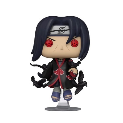Figura Funko Pop do personagem Itachi Uchiha com manto preto e olhos vermelhos