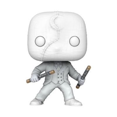Figura de vinil branco opaco estilo Funko Pop com fato segurando duas varas