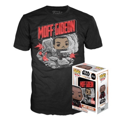 Camiseta preta com estampa Funko Pop do Moff Gideon e boneco Funko Pop em caixa ao lado