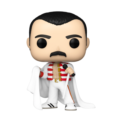 Boneco Funko Pop de Freddie Mercury com casaco branco e vermelho, microfone e capa branca