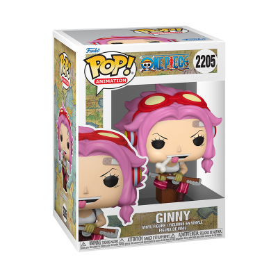 Funko Pop! Ginny da série One Piece com cabelo rosa e óculos vermelhos, embalada em caixa de vinil