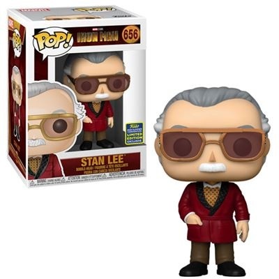 Funko Pop do Stan Lee com casaco vermelho e óculos de sol ao lado da caixa