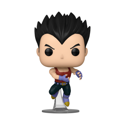 Funko Pop Vegeta com cabelo preto, roupa vermelha, verde, roxa e amarela, em pose de corrida