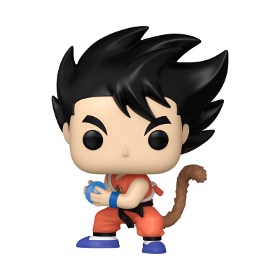 Boneco Funko Pop de personagem com cabelo preto e roupa laranja segurando uma esfera azul