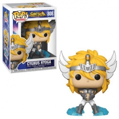 Funko Pop de Cygnus Hyoga com elmo e armadura cinzentos, cabelos amarelos e base azul