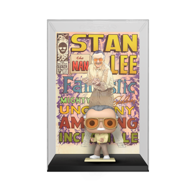 Funko Pop de Stan Lee com fundo de ilustração colorida em caixa transparente