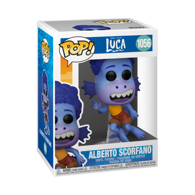 Figura Pop! de vinil Alberto Scorfano azul com t-shirt laranja na caixa original da Disney Pixar Luca