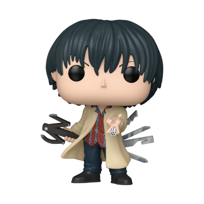 Figura Funko Pop de personagem com casaco bege e cabelo preto segurando um dado e facas
