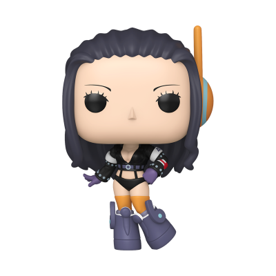 Figura Funko Pop com cabelo preto e roupa preta e lilás