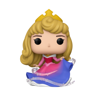 Figura Funko Pop da princesa Aurora com vestido azul e rosa e coroa amarela