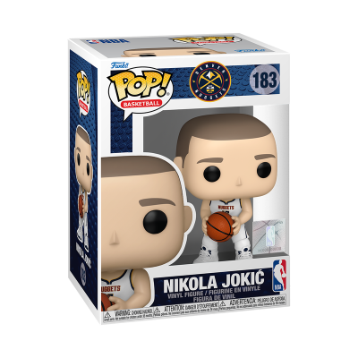 Funko Pop! Nikola Jokić dos Denver Nuggets com bola de basquete, caixa azul e branca número 183