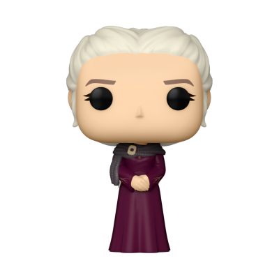 Figura Funko Pop de personagem com vestido roxo e cabelo branco