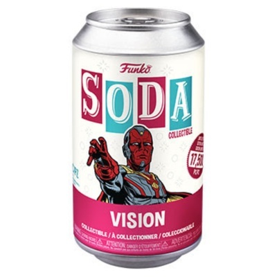 Lata Funko Soda colecionável com personagem Vision em branco e rosa.