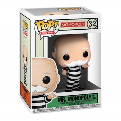 Figura vinil Mr. Monopoly com fato riscado preto e branco em caixa de embalagem