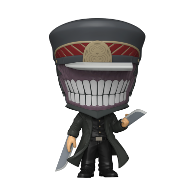 Figura colecionável Funko Pop com personagem em casaco preto, dentes grandes e chapéu decorado