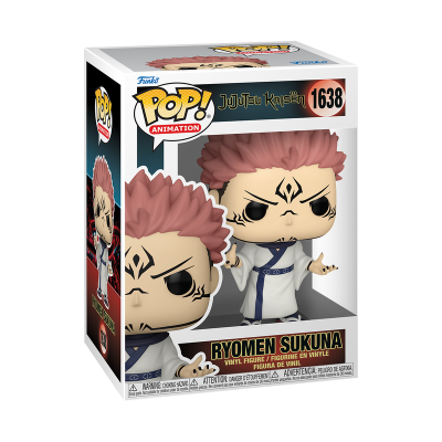 Figura Funko Pop Ryomen Sukuna vestida de branco e azul em caixa