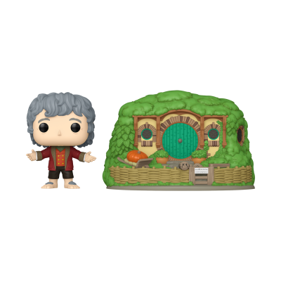 Figura Funko Pop de hobbit junto a casa hobbit com porta verde e vegetação