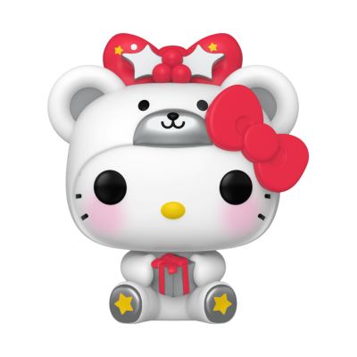 Figura de vinil estilo Funko Pop com capacete de urso e laço vermelho