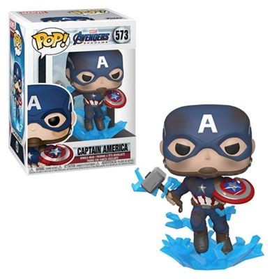 Figura Funko Pop! do Captain America com escudo e martelo Mjölnir em caixa Avengers Endgame