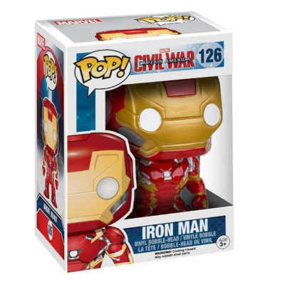 Funko Pop Iron Man em caixa com design branco, azul e vermelho