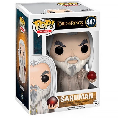 Figura Funko Pop! Saruman The Lord of the Rings, vinil, com esfera vermelha, caixa com texto e número 447