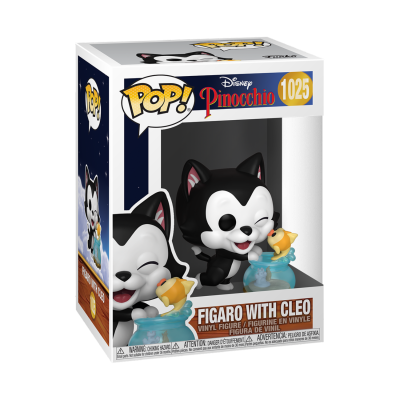 Figura Pop! de vinil do gato preto Figaro com o peixe Cleo na embalagem