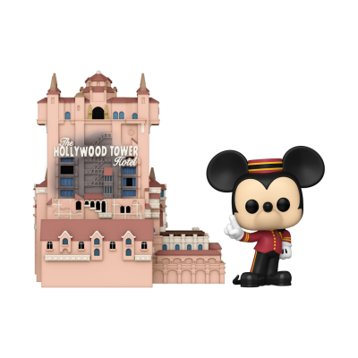 Figura Funko Pop do Mickey porteiro ao lado do edifício The Hollywood Tower Hotel