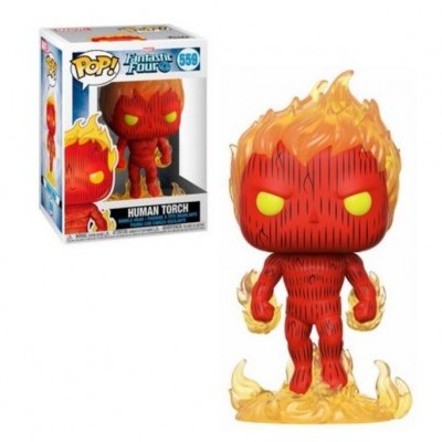 Figura Funko Pop! Human Torch com efeito de fogo e caixa ao fundo.