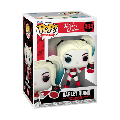 Figura de vinil Pop! Heroes Harley Quinn número 494 numa caixa com fundo vermelho e branco