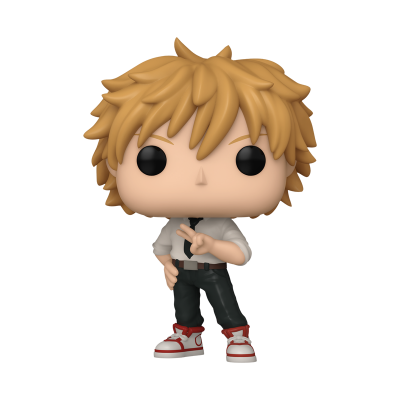 Figura Funko Pop com cabelo loiro, camisa branca, calças pretas e ténis vermelhos