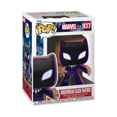 Funko Pop! Marvel Gingerbread Black Panther número 937 numa caixa com janela transparente