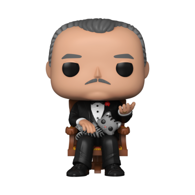 Figura colecionável Funko Pop de homem de fato preto sentado com gato cinzento