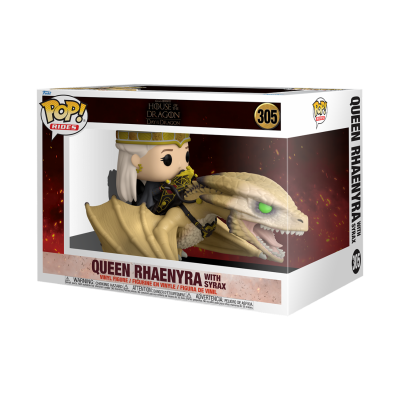 Figura vinyl Queen Rhaenyra com dragão Syrax na embalagem POP! HITS número 305