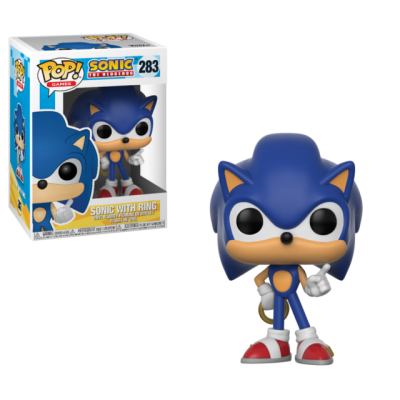 Figura Funko Pop do Sonic em azul com anel e caixa correspondente.