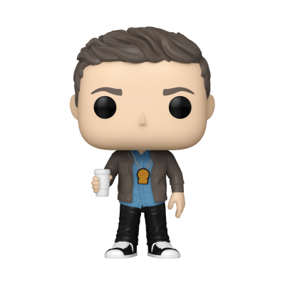 Figura Funko Pop de homem com jaqueta castanha e copo branco