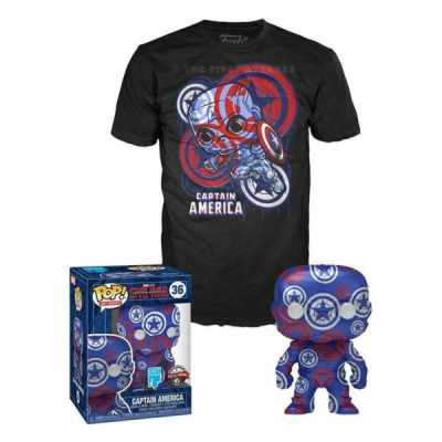 Conjunto Captain America: t-shirt preta com estampa colorida e figura Funko Pop azul, branca e vermelha com caixa.