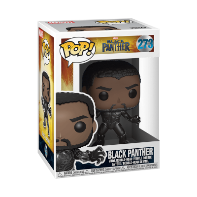 Funko Pop! Black Panther nº 273 em caixa com figura do personagem em fato preto