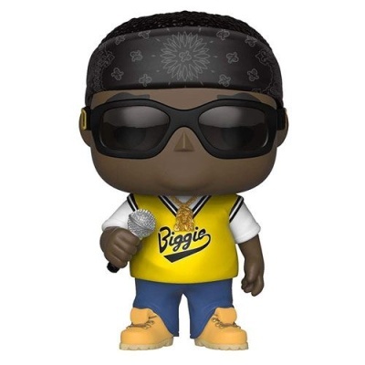 Figura colecionável Funko Pop de homem com bandana preta, óculos escuros, camisola amarela 'Biggie', calças azuis e botas amarelas