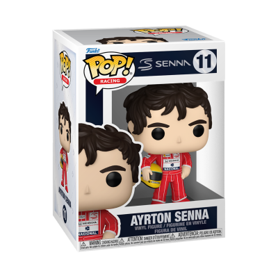 Figura Funko Pop! Ayrton Senna de vinil com fato vermelho e capacete amarelo na caixa
