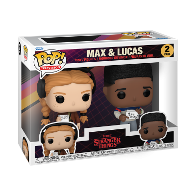 Caixa Funko Pop! com bonecos Max e Lucas da série Stranger Things