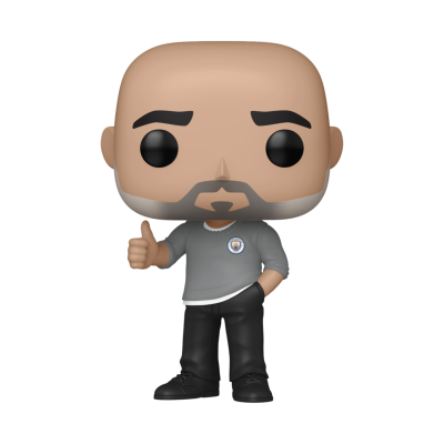 Funko Pop de homem careca com camisola Manchester City e calças pretas