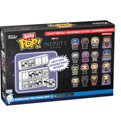Caixa Funko Bitty Pop! The Infinity Saga com miniaturas colecionáveis e estante empilhável